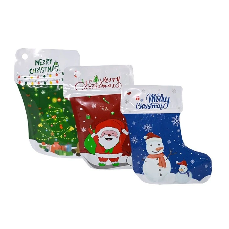 3.5 G Standing Up Pouch Merry Christmas Gift Sock Shaped Zipper Cookies Cartoon Package Ziplock Mylar Packaging Bags