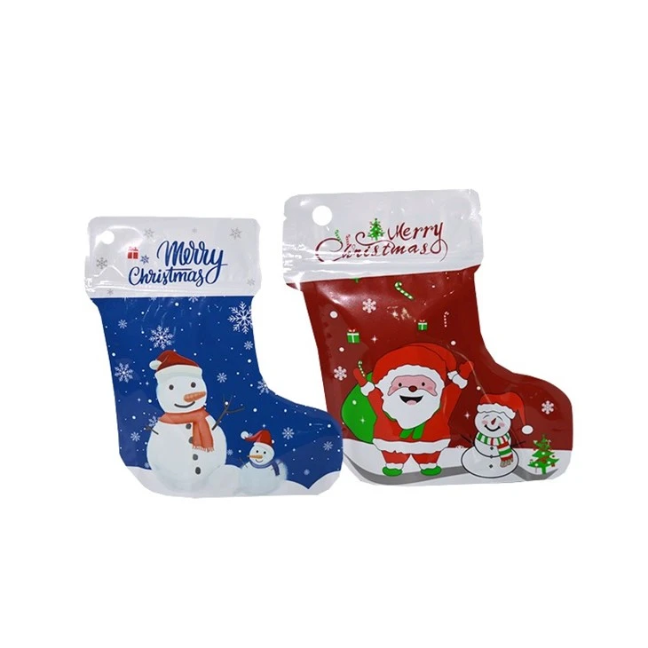 3.5 G Standing Up Pouch Merry Christmas Gift Sock Shaped Zipper Cookies Cartoon Package Ziplock Mylar Packaging Bags